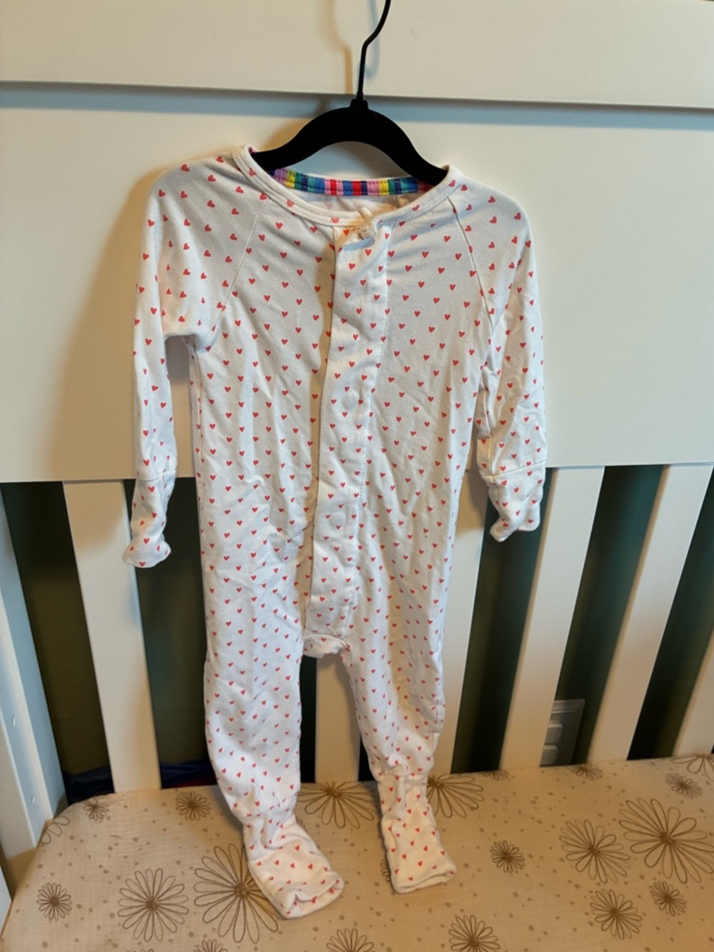 Coverall One-Piece Pajamas with red Heart Print and roll over footies